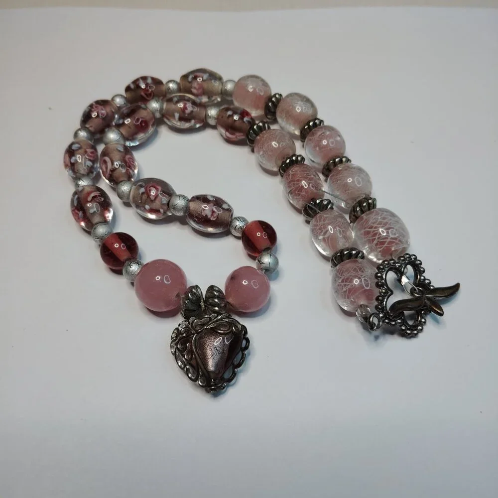 Artisan Made Vintage Pink Glass Bead Necklace Filigree Heart Dangle 19